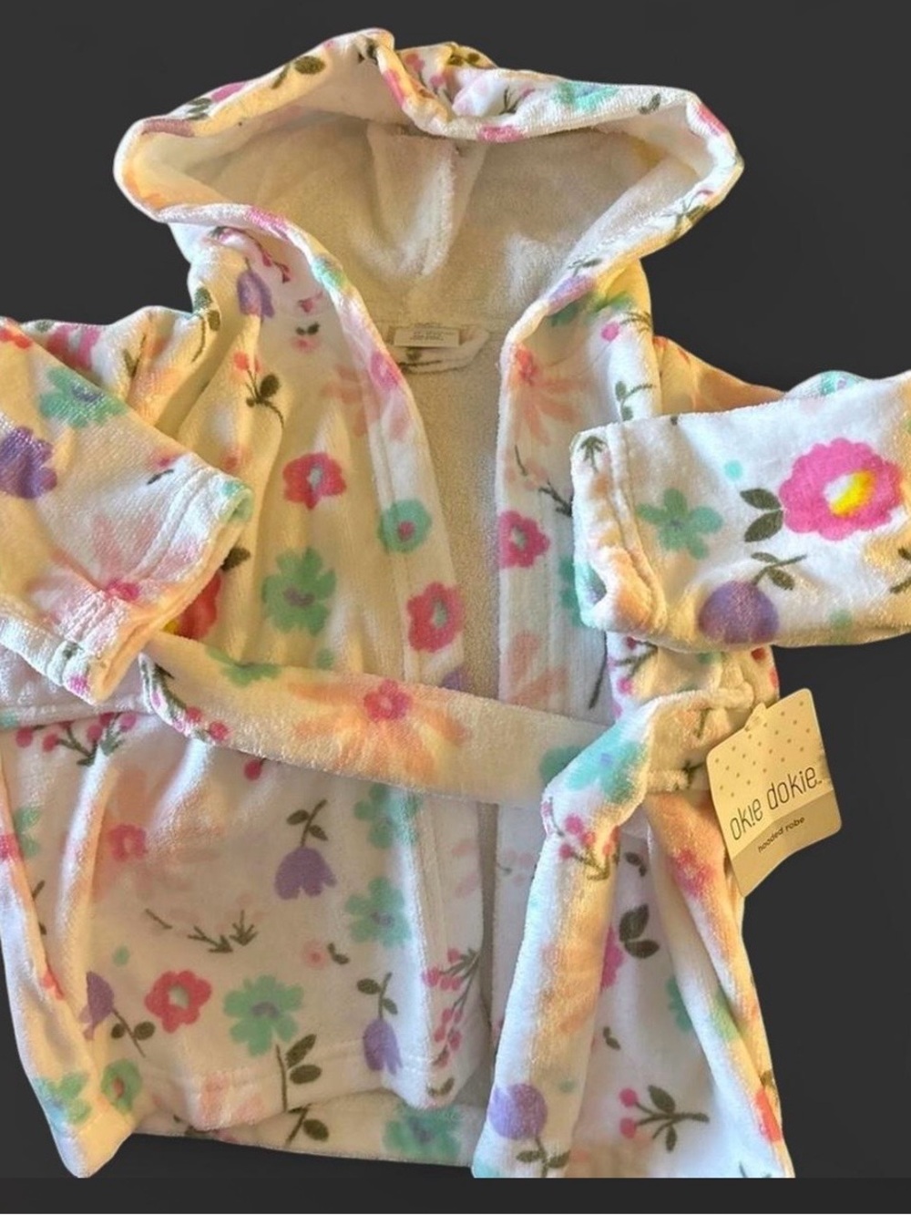 okie dokie White Hooded Floral Robe with Pastel Pink Purple Mint Yellow Flowers